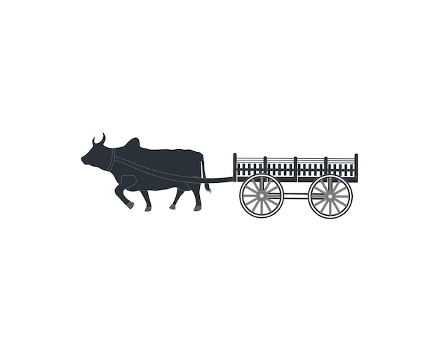 Carabao pulls a wooden cart, traditional transportation silhouette nature concept