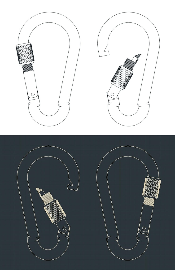 Vector carabiner inox blueprints illustrations