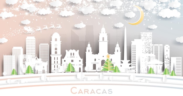 雪片月とネオンガーランドベクトルイラストそりのクリスマスと新年のコンセプトサンタクロースと紙カットスタイルのカラカスベネズエラ市のスカイライン