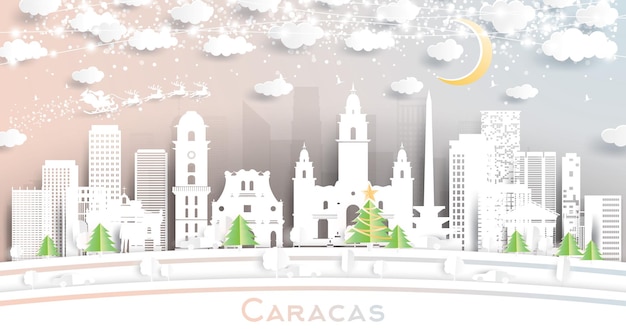 Caracas venezuela city skyline in paper cut style with snowflakes moon and neon garland vector illustration christmas and new year concept santa claus on sleigh