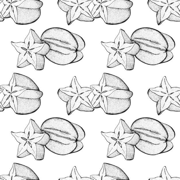 Carambola seamless pattern. A slice of carambola. Exotic tropical fruit. Vector illustration