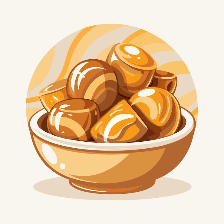 Vector caramel candies and bowl graphic food vector illustration