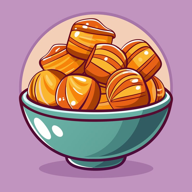 Vector caramel candies in bowl graphic food vector