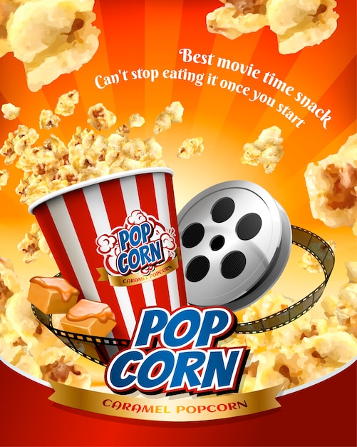 Caramel popcorn poster with flying corns and cinema items in  illustration