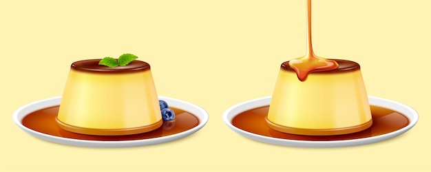 Vector caramel puddings on plate