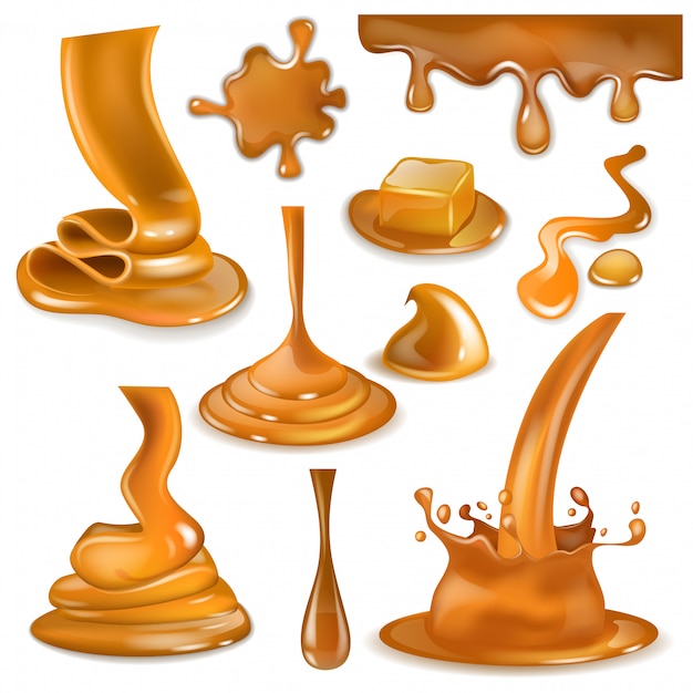 Vettore caramello splash dolce liquido che scorre salsa o versando la crema di cioccolato illustrazione set di caramelle e spruzzi di gocce cremose o gocciolina isolato su sfondo bianco