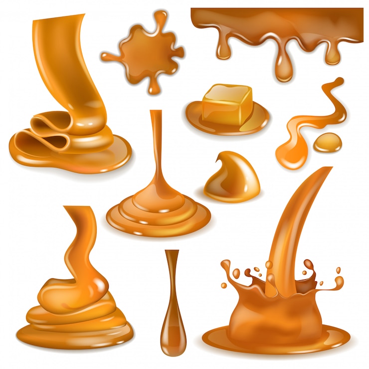 Vector キャラメルスプラッシュ甘い流れる液体ソースまたはキャラメルキャンデーのしぶきのクリームドロップまたは白い背景で隔離の液滴の注ぐチョコレートクリームイラストセット