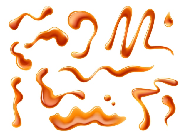 Vector caramel syrup swirl splash drips toffee stains