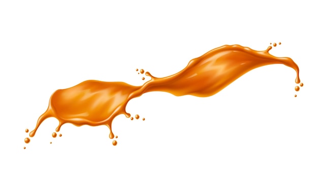 Vector caramel syrup swirl splash or sauce wave with drops of toffee cream realistic vector sugar caramel sauce or candy wave flow spill with drops and splashes of sweet candy or toffee confection syrup