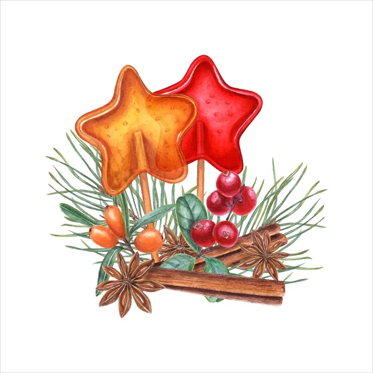 Vector caramels in the shape of star star anise cinnamon sticks pine sprig red and orange berries