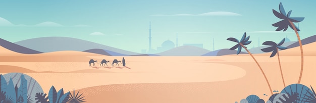 Vector caravan of camels going through desert eid mubarak greeting card ramadan kareem template arabic landscape horizontal illustration