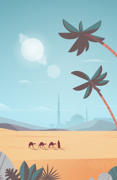 Caravan of camels going through desert eid mubarak greeting card ramadan kareem template arabic landscape vertical full length illustration