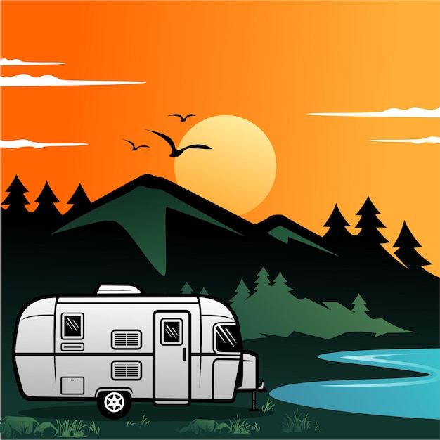 Caravan camper rv journey to mountains and lake pine forest background sky with moonlight