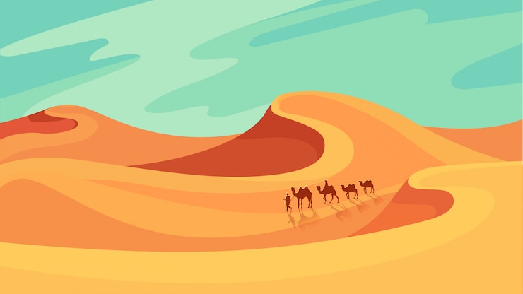 Vector caravan going through desert. beautiful landscape in cartoon style.