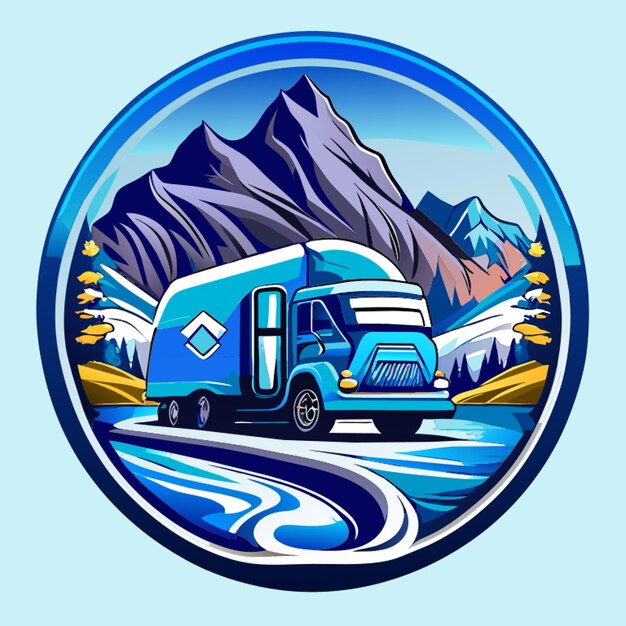 caravan logo bergbaard oude man rivier en off road bandensporen vector illustratie