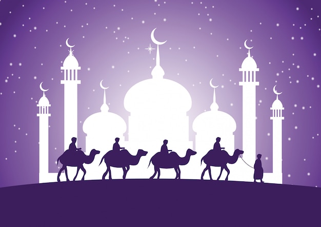 Caravan moslim rit kameel naar moskee