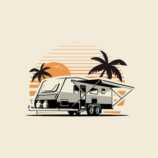 Vector caravan trailer in beach scenery vector illustration best for camping and outdoor camping logo