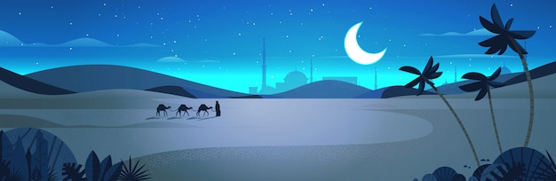 caravan van kamelen gaan door nacht woestijn eid mubarak wenskaart ramadan kareem sjabloon Arabisch landschap horizontale volledige lengte illustratie