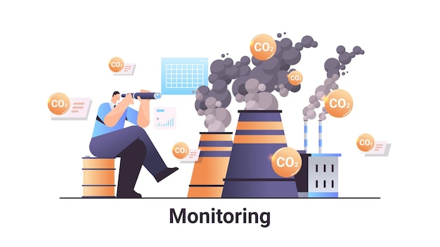 Vector carbon credit monitoring concept businessman looking through binokular responsibility of co2 emission environment strategy