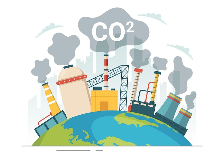 वेक्टर carbon dioxide or co2 illustration to save planet earth from climate change as a result of factory