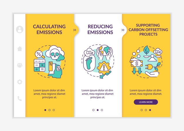 carbon footprint offset onboarding vector template. responsive mobile website with icons. web page walkthrough 3 step screens. emissions calculation, reducing color concept with linear illustrations