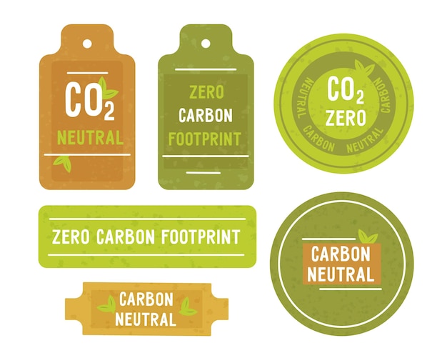 Carbon marking on label of food, clothing and other goods.  Set of price tags, sticker with information about environmental safety. Zero carbon footprint. Vector illustration