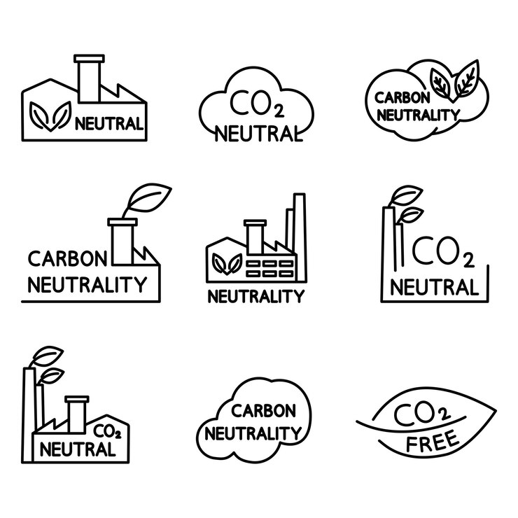 Углеродно-нейтральный. Набор иконок утилизации CO2. Эко завод символ. Чистый нулевой углеродный след. Отсутствие загрязнения атмосферного воздуха. Редактируемый штрих. Вектор