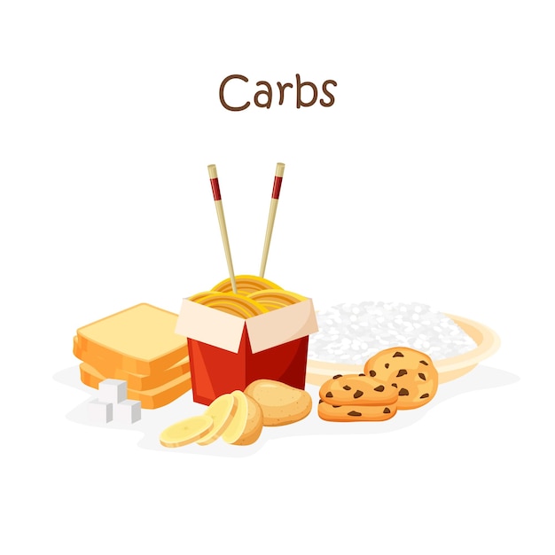 Carbs food Bakery products potatoes pasta sugar cookies and rice Healthy nutrition