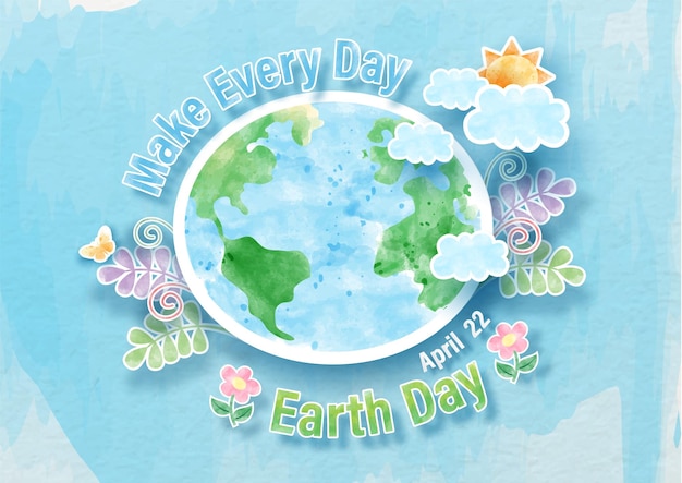 수채화와 종이로 된 지구의 날 카드 및 포스터 캠페인은 벡터 디자인으로 스타일을 잘라냅니다.
