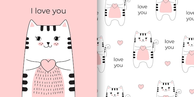 ベクトル カードと黒と白のスタイルのかわいい猫とシームレスな子供っぽいパターンバレンタインデーセット