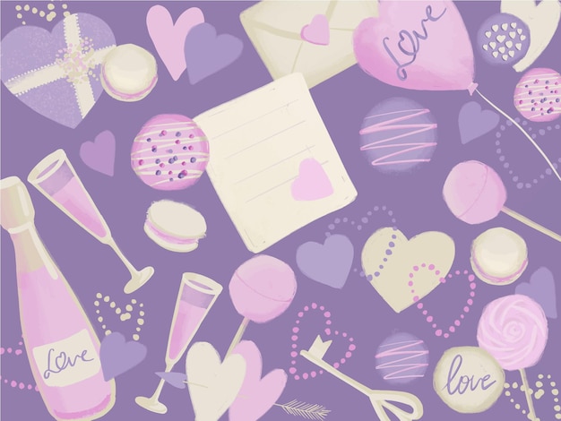 Card background with love symbol illustration in pink purple color