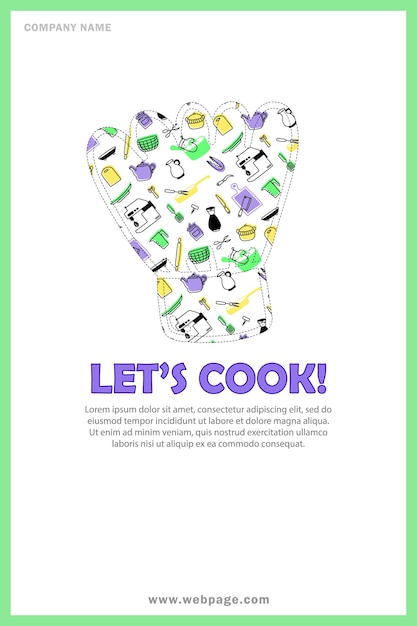 Card, banner with chefs hat silhouette with kitchenware pattern inside and purple text - Let's cook