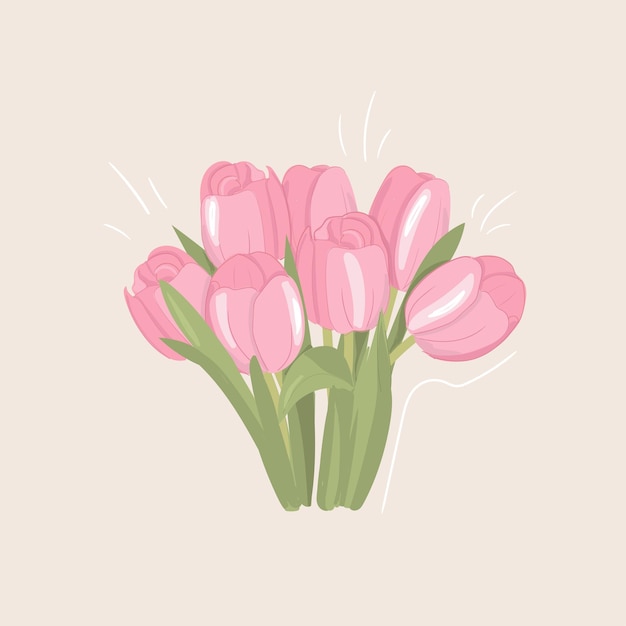 Card of bouquet flowers pink tulip on a green stem