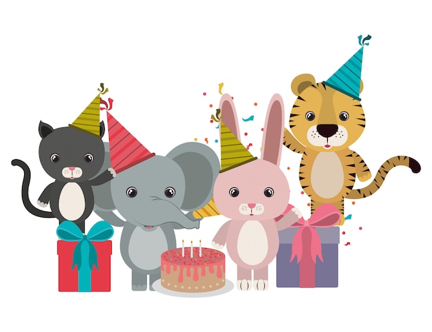 Vector card of celebration with animals on white