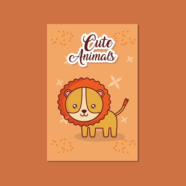 Vector card of cute animals with lion icon over brown background