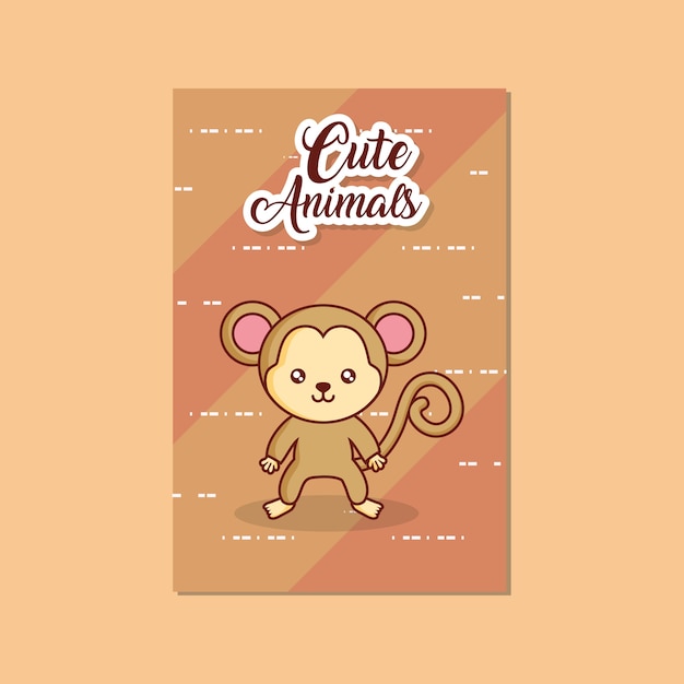 Card of Cute animals with monkey icon over brown background