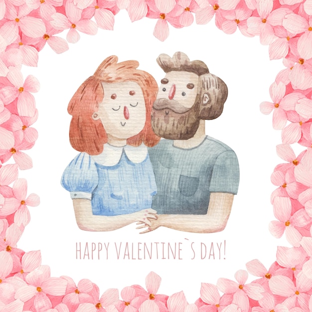 Card cute loving couple in pink flowers