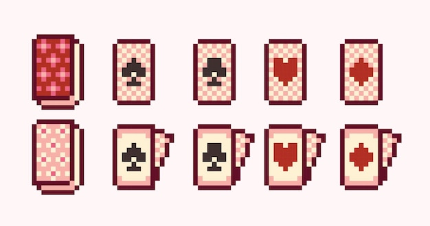 Card deck pixel art set. Poker, bridge, blackjack, casino collection. 8 bit sprite.