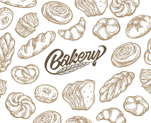 Card design with ink hand drawn baking illustration. Vintage template with bread and pastries doodle sketch.