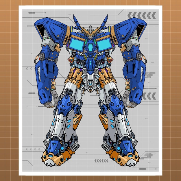 Вектор Карточный рисунок премиум векторы синий меха-робот, сделанный с помощью рук, тела, ног, рук, иллюстрации
