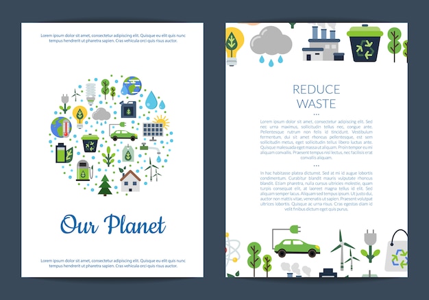 Modelli di scheda o volantino impostato con posto per testo e con set di icone piatte ecologia