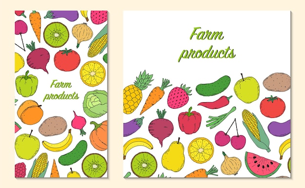 カード、手描きスタイルの野菜や果物のチラシ。