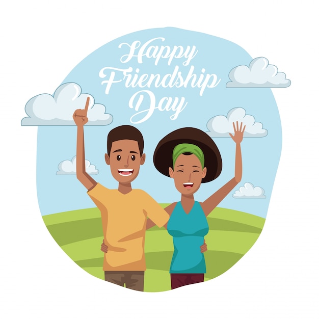 Card of happy friendship day with afro american couple 