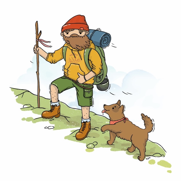 Vector card illustration tourist with dog on the mountain