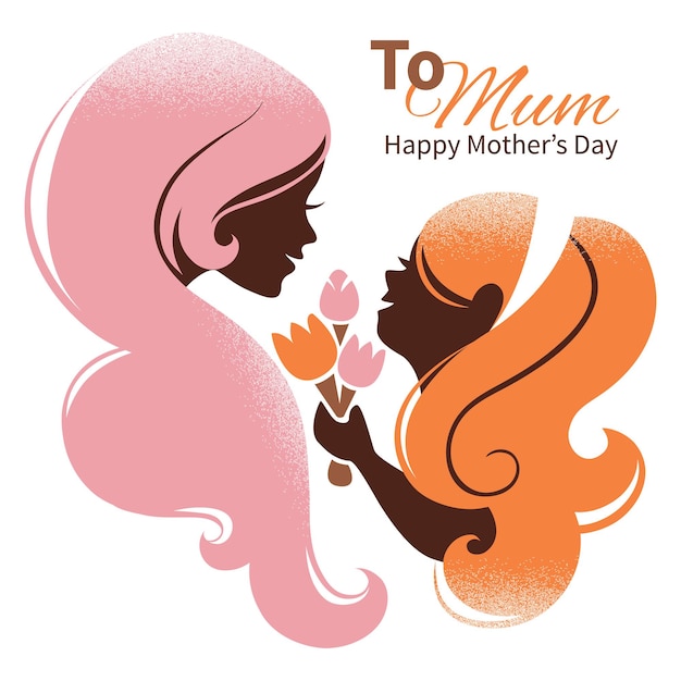 Вектор Карта счастливого дня матери. красивый силуэт матери с дочерью и цветами