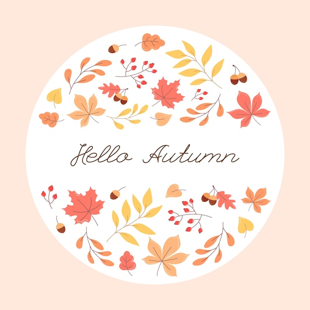 Card of orange leaves and twigs, hello autumn