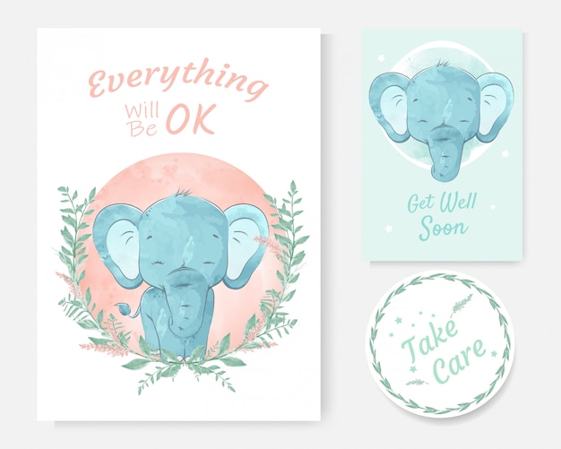 귀여운 코끼리 만화 손으로 그린 수채화와 긍정적 인 메시지의 카드