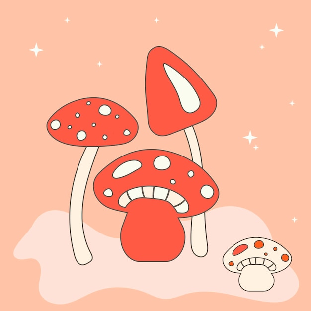 Amanita family Big red 및 small white holding hands in hippie style 카드 포스터 스티커 배너