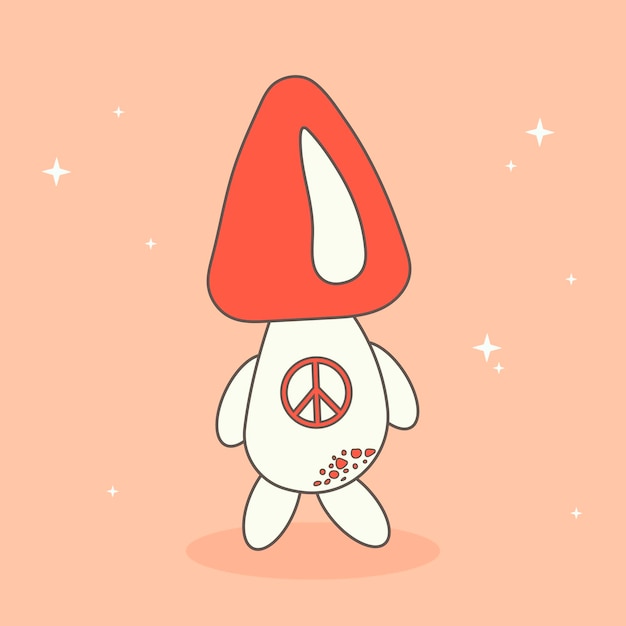Card poster sticker banner with mushroom with peace sign in hippie style