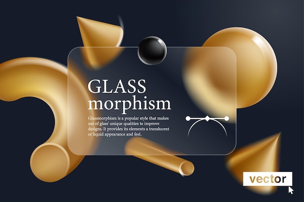 Card screen in glassmorphism effect Illustration with blurred floating golden shapes on dark back